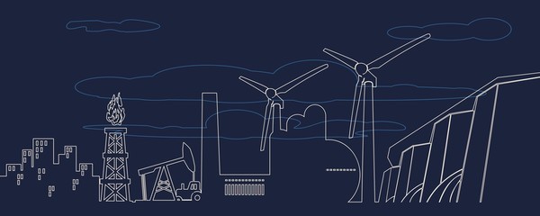 Concept of industrial plant and manufacture building. Energy and Power icons set. Energy generation and heavy industry. Modern brochure, report or cover design template. Thin lines style