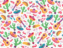 Mexican Seamless Pattern  With Cactus And Guitar