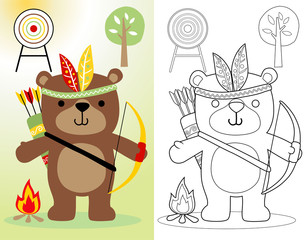  coloring book or page of funny bear cartoon with feather headdress, cute archer