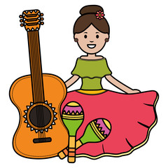 Poster - beautiful mexican woman with guitar and maracas