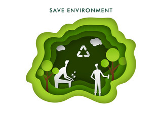 Poster - Paper cut layer nature background with silhouette of man character for Save Environment concept.