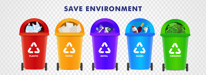 Poster - Different types of recycle bins such as plastic, paper, metal, glass and organic for Save Environment. Header or banner design.