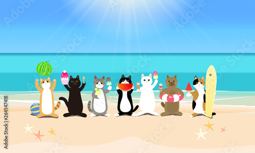 真夏のビーチリゾートを楽しむ 並ぶ猫たち Stock イラスト Adobe Stock
