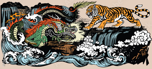 Green Chinese East Asian dragon versus tiger in the landscape with waterfall and water waves Obraz na płótnie