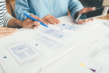 Wall Mural - creative web designer planning application and developing template layout, framework for mobile phon
