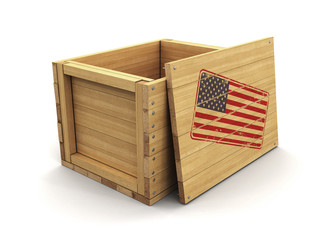 Sticker - Wooden crate with stamp USA flag. Image with clipping path