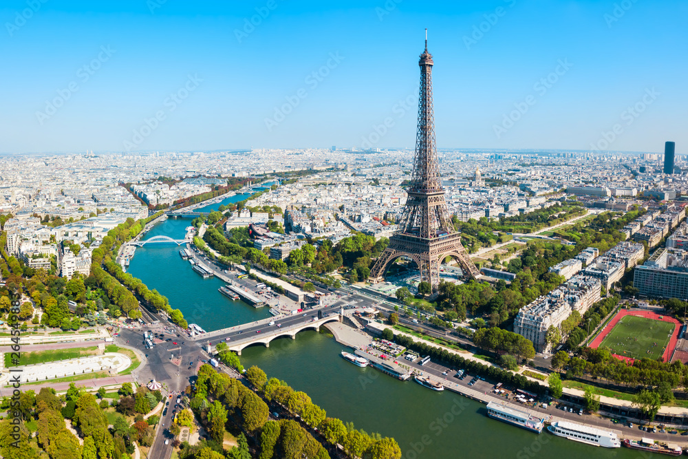 Widok z lotu ptaka wieży Eiffla, Paryż - obrazy, fototapety, plakaty 
