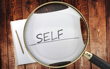 Study, Learn And Explore Self - Pictured As A Magnifying Glass Enlarging Word Self, Symbolizes Analyzing, Inspecting And Researching The Meaning Of Self, 3d Illustration