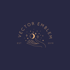 Wall Mural - vector abstract logo design template in trendy linear minimal style - hand with moon and stars