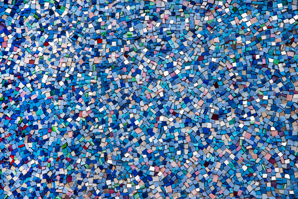 Part mosaic as decorative texture background. Selective focus. Abstract Pattern. Abstract blue and black colored ceramic stones - obrazy, fototapety, plakaty 
