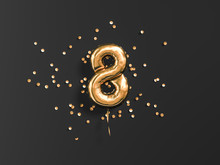 Eight Year Birthday. Number 8 Flying Foil Balloon And Gold Confetti On Black. Eight-year Anniversary Background. 3d Rendering