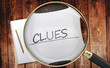 Study, learn and explore clues - pictured as a magnifying glass enlarging word clues, symbolizes analyzing, inspecting and researching the meaning of clues, 3d illustration