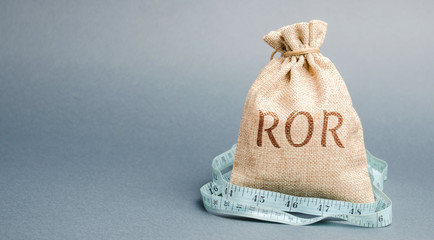 Wall Mural - Money bag with measuring tape and the word ROR. Financial ratio illustrating the level of business loss. Return on investment. Recession. Lower profitability and performance