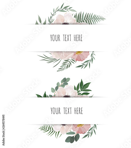 Horisontal botanical  design banner. Pink rose, eucalyptus, succulents, flowe...