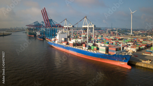 Container-Terminal mit Schiffen im Hafen von Hamburg bei Sonnenaufgang Fototapeta