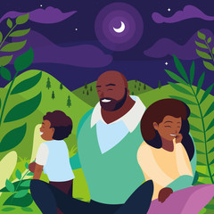 Poster - black parents couple with son in the landscape at night