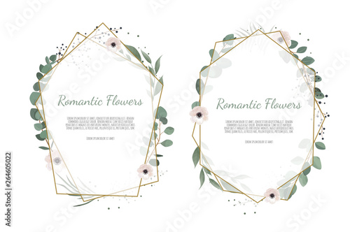 Card with leaves and geometrical frame. Floral poster.