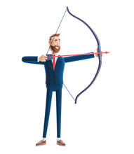 3d Illustration. Handsome Beard Businessman Billy Aiming With Bow And Arrow