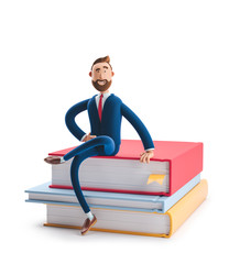 Handsome beard businessman Billy is sitting on a stack of books. The concept of business education.