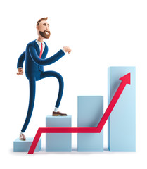 3d illustration. Businessman Billy goes to success. Concept of financial growth. Dashboard with the analysis of finance