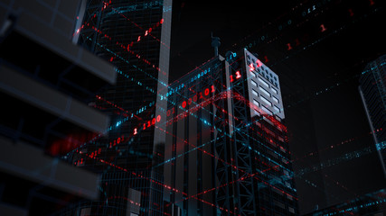 3d render technology background. Abstract skyscrapers with code around them. Wireframe structure and binary code around reflective buildings...