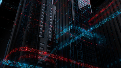 3d render technology background. Abstract skyscrapers with code around them. Wireframe structure and binary code around reflective buildings...