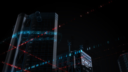 3d render technology background. Abstract skyscrapers with code around them. Wireframe structure and binary code around reflective buildings...