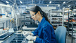 © Gorodenkoff - Young Female in Blue Work Coat is Assembling Printed Circuit Boards for Smartphones. Electronics Factory Workers in a High Tech Factory Facility.