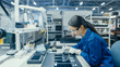 © Gorodenkoff - Young Female in Blue Work Coat is Assembling Printed Circuit Boards for Smartphones. Electronics Factory Workers in a High Tech Factory Facility.