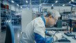 © Gorodenkoff - Senior Man in Blue - White Work Coat is Using Plier to Assemble Printed Circuit Board for Smartphone. Electronics Factory Workers in a High Tech Factory Facility.
