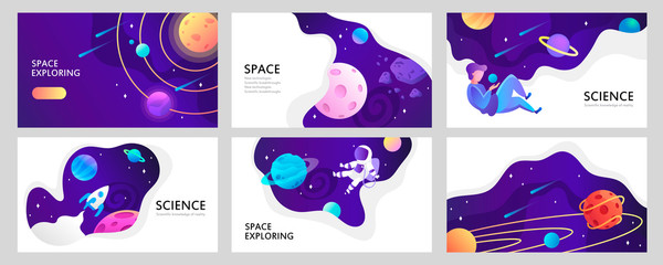 set of web banners templates. presentation. space explore. children cartoon vector illustration. sci