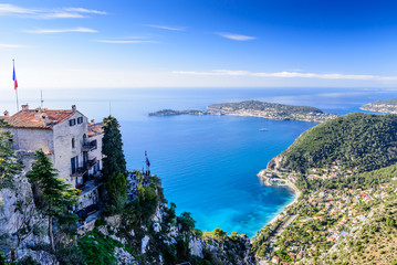 Wall Mural - Scenic view of the Mediterranean coastline and medieval houses from the top of the town of Eze village on the French Riviera