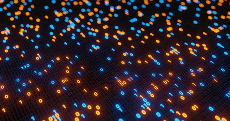 Wall Mural - abstract blue and orange digital binary code matrix background with flare. futuristic big data infor