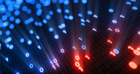 Hacking digital binary code matrix 01 background. Hacker, dark web, matrix, Digital data code in safety security technology concept. Abstract red and blue 3D rendering