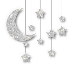 Wall Mural - Ramadan silver decoration isolated on white background. Hanging Crescent Islamic glitter stars. Ramadan Kareem design element isolated. Vector frame for party posters, headers, banners.