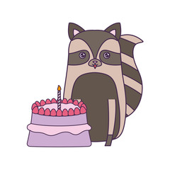  cute raccoon animal with cake of birthday