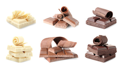 Set of different delicious chocolate pieces and curls on white background