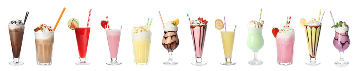 Wall Mural - Set of different delicious cocktails on white background