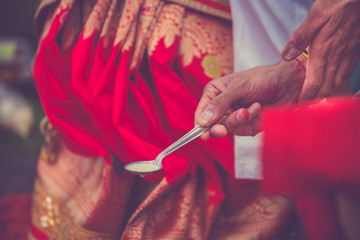 Indian pre wedding ritual pooja items close up