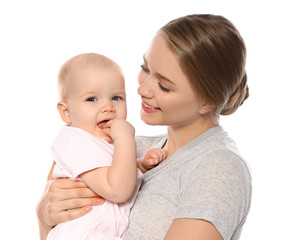 Wall Mural - Portrait of happy mother with her baby isolated on white