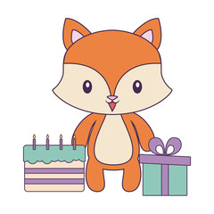  cute fox with cake of birthday and gift box