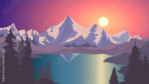 Plakaty Alpy  wektor-krajobraz-z-gorami-i-jeziorem-alpami-zachodem-slonca-lub-wschodem-slonca