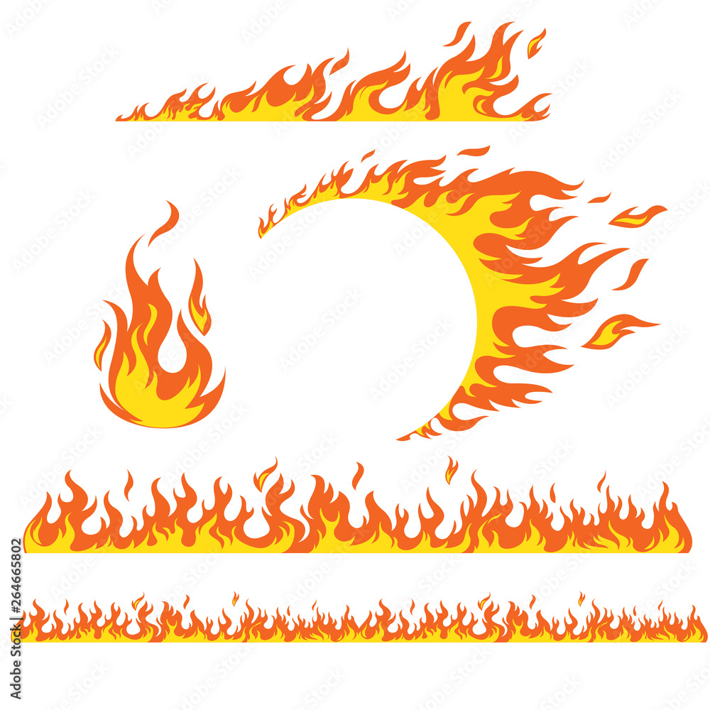 Set of flame elements on a white background, fire. Horizontal pattern ...