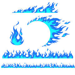 Wall Mural - Set of flame elements on a white background, blue fire. Horizontal pattern of fire, fire around the wheel.