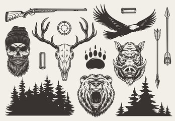 Wall Mural - vintage monochrome hunting elements set