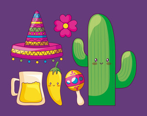 Wall Mural - cactus with mexican hat and set icons kawaii character