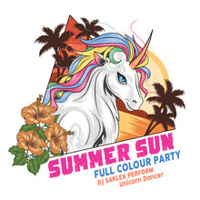 UNICORN SUMMER WITH BEACH AND COCONUT TREE VECTOR FULL COLOUR . GOOD FOR POSTER , ELEMENT FLYER AND TSHIRT DESIGN