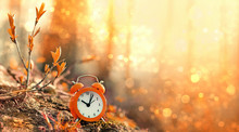 Clock Alarm In Autumn Nature Forest. Concept Make Time For Nature, Environment. Daylight Savings Time. Symbolic Still Life Representing Autumn Season. Beautiful Fall Season Scene. Soft Focus