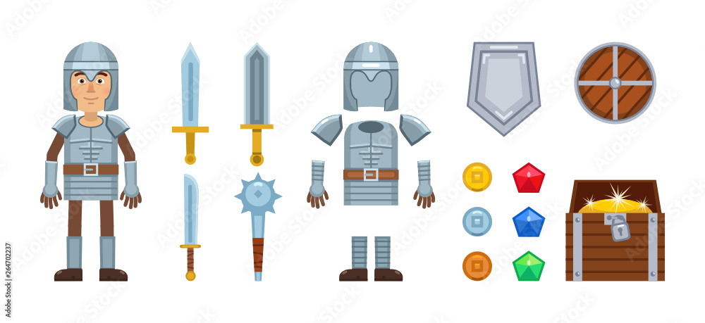 Knight character with diverse game elements. Vector icons of sword ...