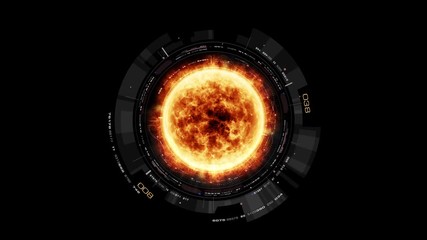 Fototapete - Futuristic motion graphic user interface head up display screen with Holographic Sun Corona Particles and digital data telemetry information display for digital background